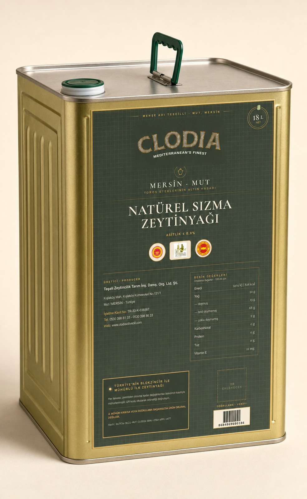 Clodia teneke — dijital pasaportlu zeytinyağı